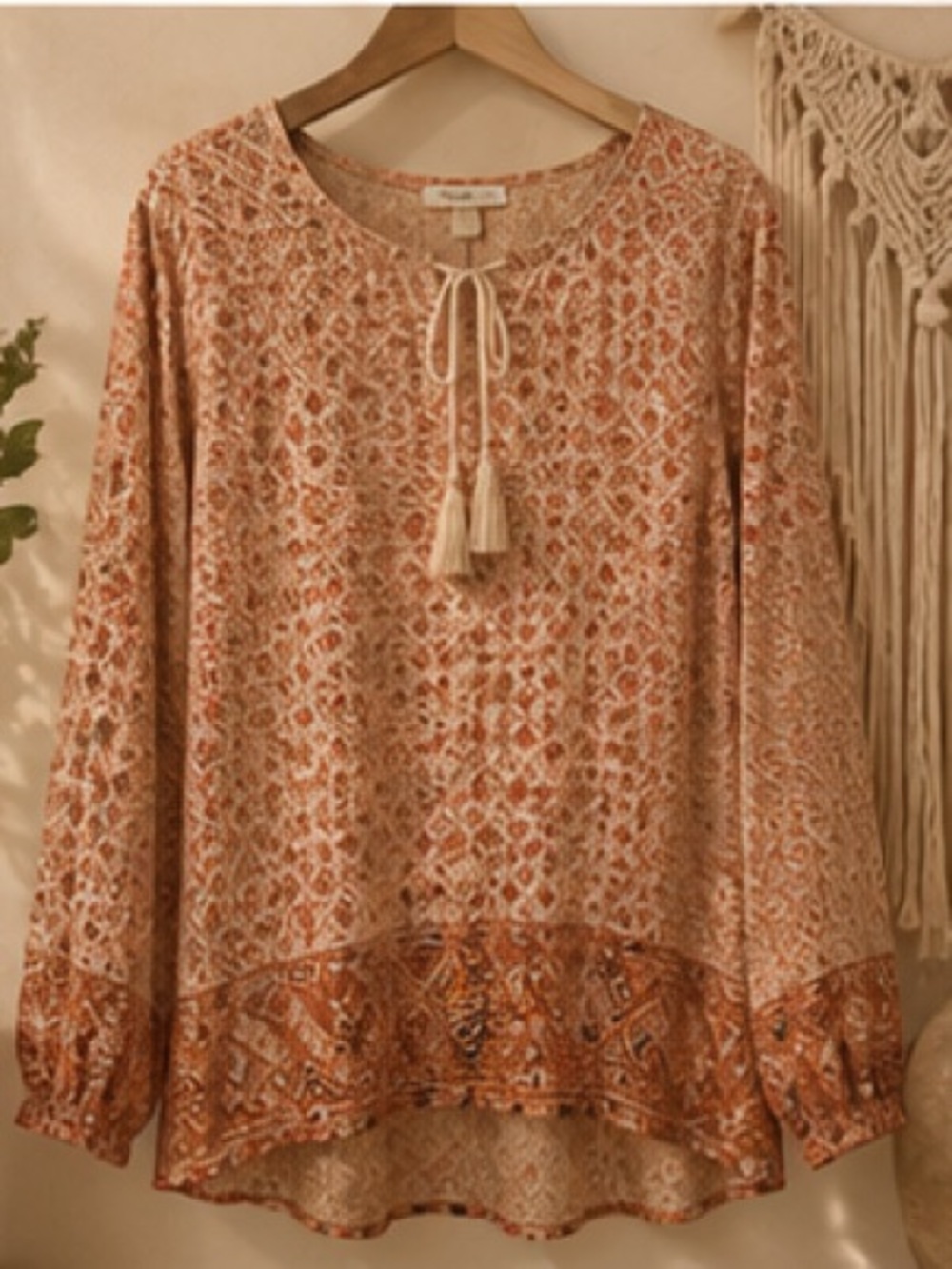 Rose & Olive Floral Geometrical Pattern Long Sleeve Top Size Medium